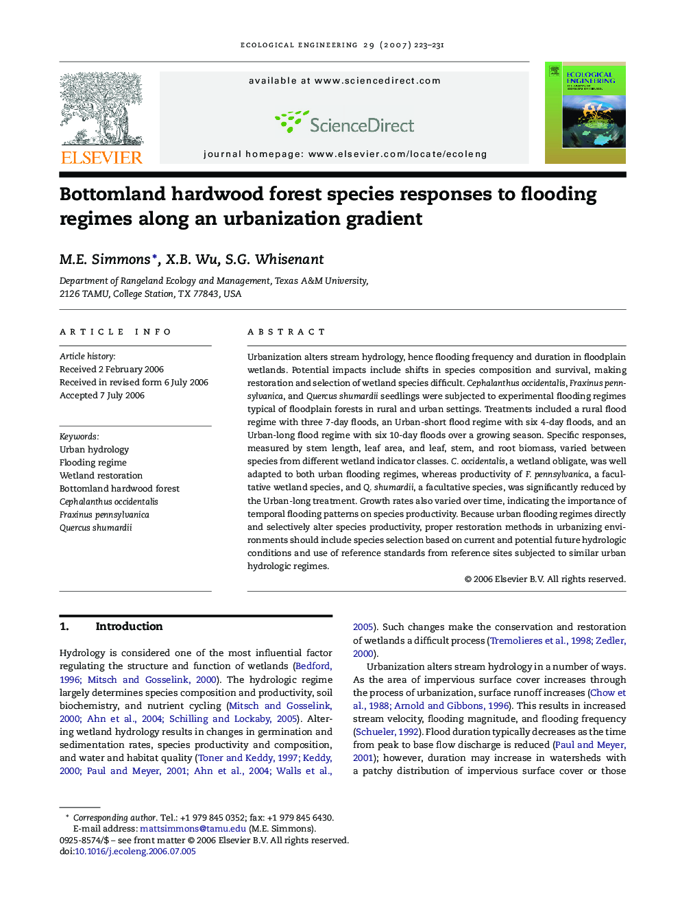 Bottomland hardwood forest species responses to flooding regimes along an urbanization gradient