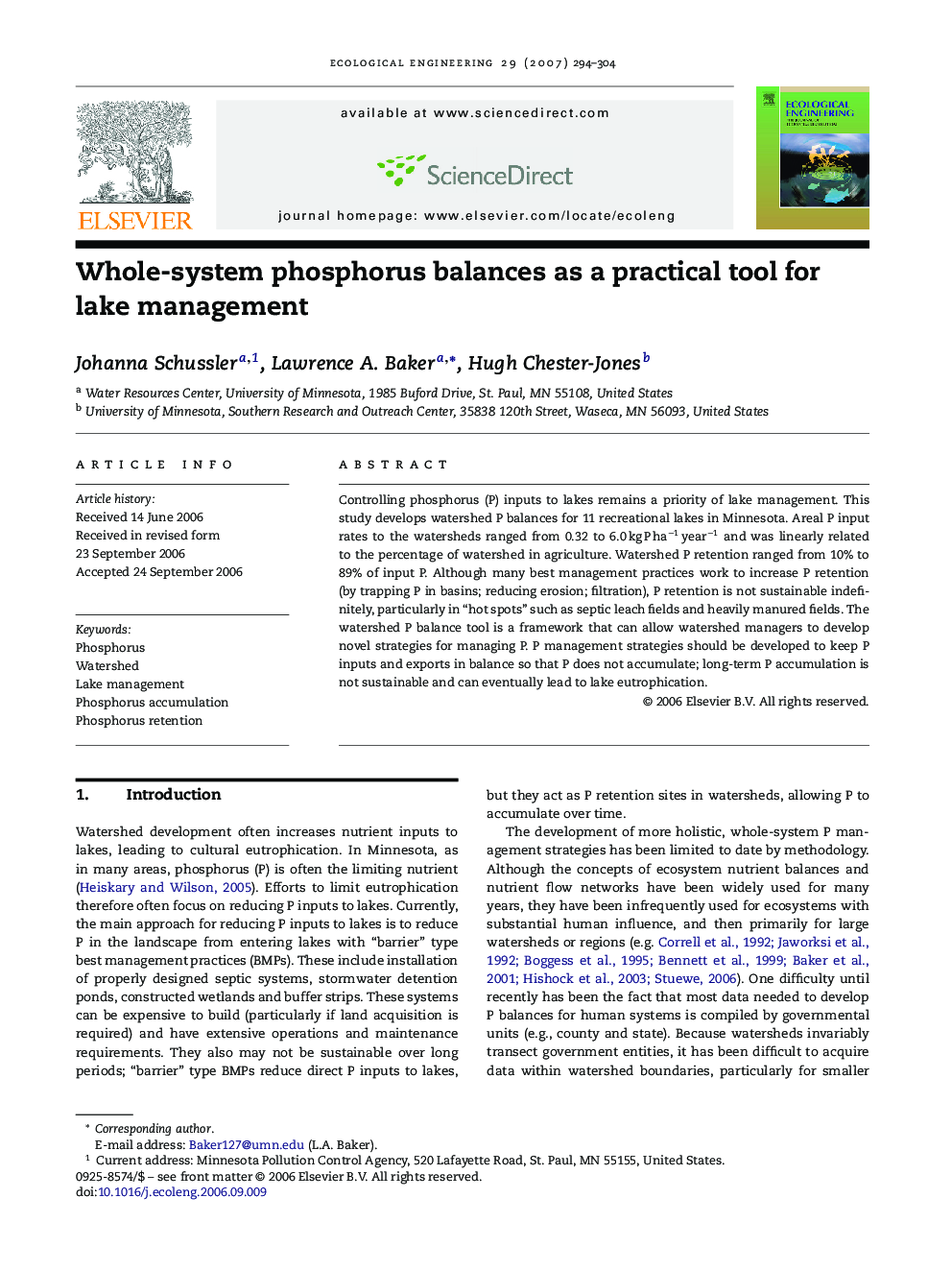 Whole-system phosphorus balances as a practical tool for lake management