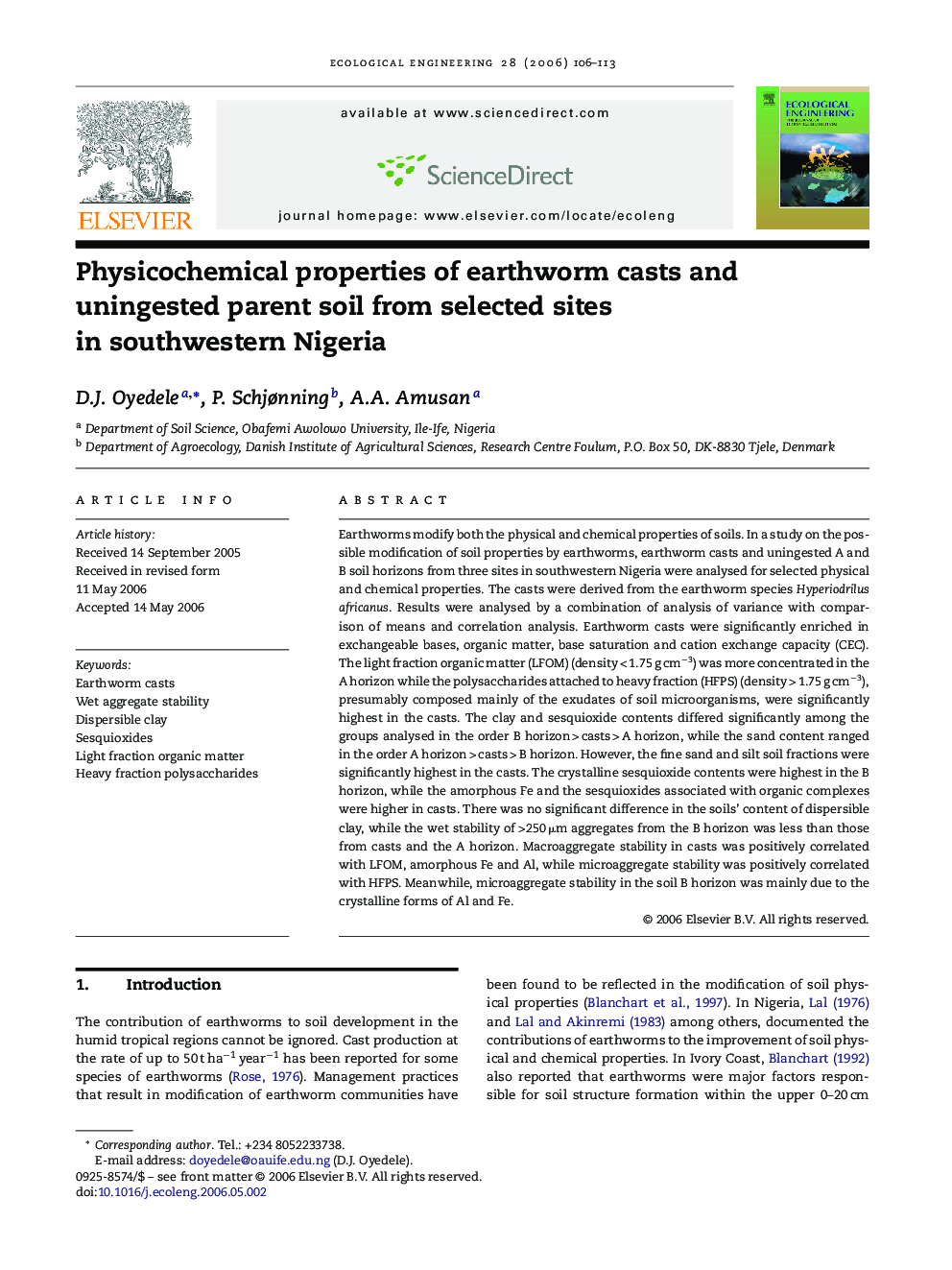Physicochemical properties of earthworm casts and uningested parent soil from selected sites in southwestern Nigeria