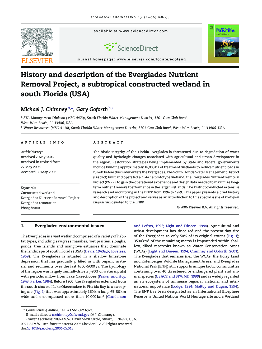 History and description of the Everglades Nutrient Removal Project, a subtropical constructed wetland in south Florida (USA)