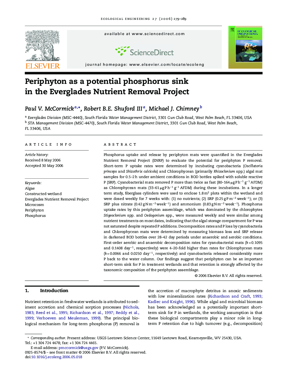 Periphyton as a potential phosphorus sink in the Everglades Nutrient Removal Project