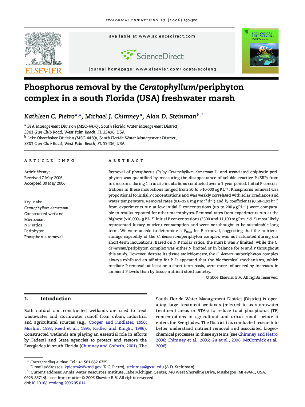 Phosphorus removal by the Ceratophyllum/periphyton complex in a south Florida (USA) freshwater marsh