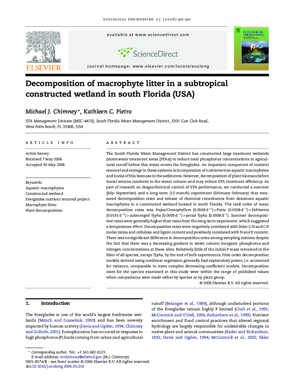 Decomposition of macrophyte litter in a subtropical constructed wetland in south Florida (USA)