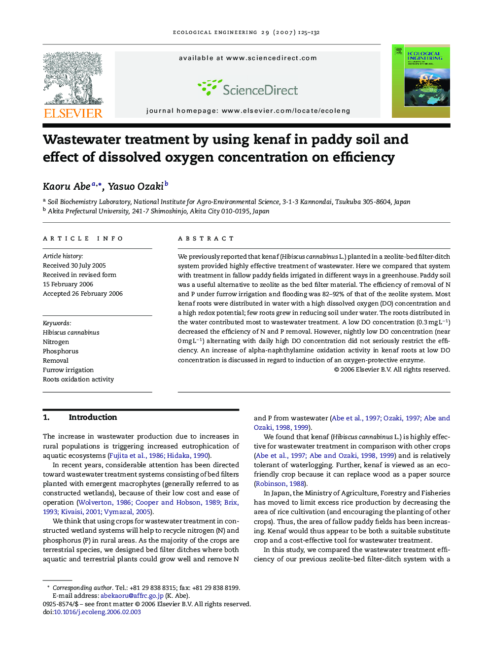 Wastewater treatment by using kenaf in paddy soil and effect of dissolved oxygen concentration on efficiency