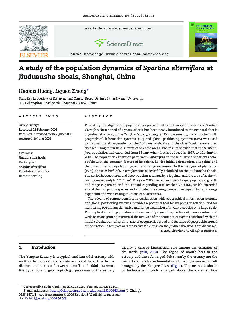 A study of the population dynamics of Spartina alterniflora at Jiuduansha shoals, Shanghai, China