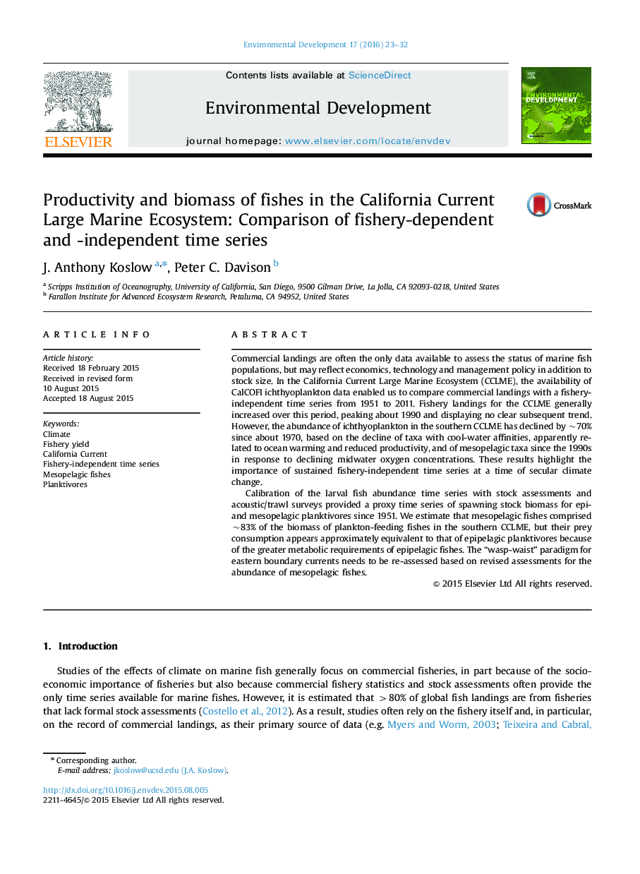 Productivity and biomass of fishes in the California Current Large Marine Ecosystem: Comparison of fishery-dependent and -independent time series