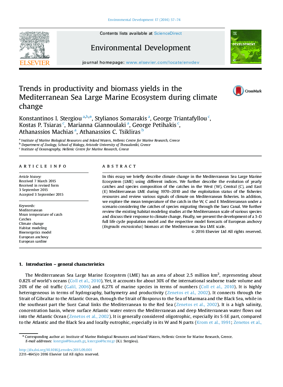 Trends in productivity and biomass yields in the Mediterranean Sea Large Marine Ecosystem during climate change