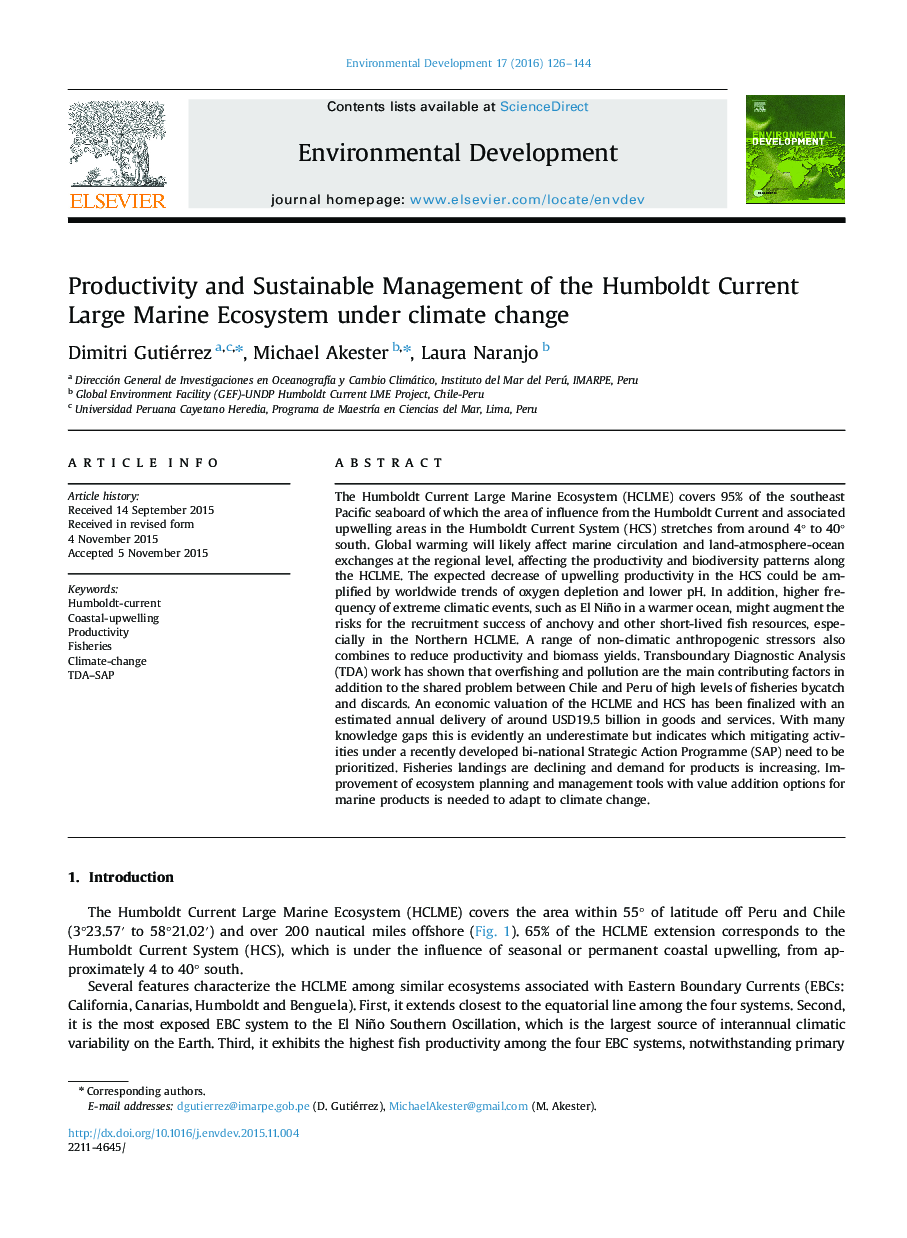 Productivity and Sustainable Management of the Humboldt Current Large Marine Ecosystem under climate change