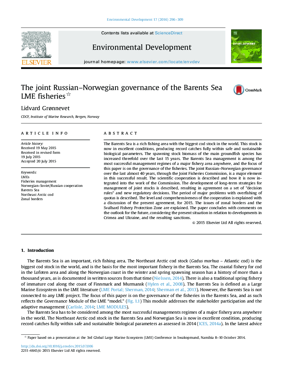 The joint Russian-Norwegian governance of the Barents Sea LME fisheries