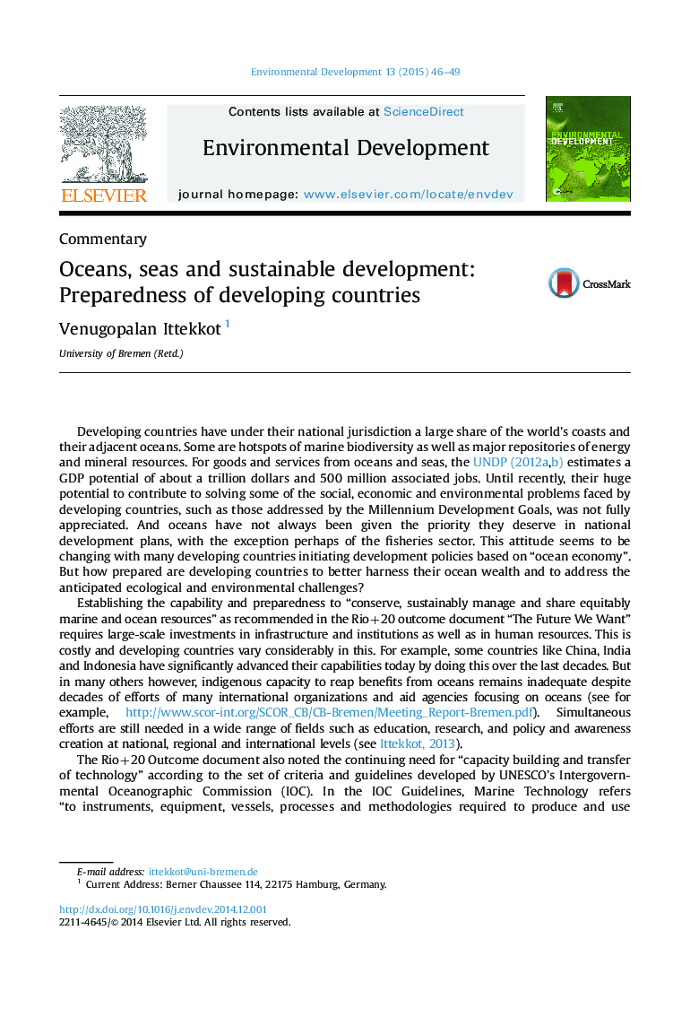 Oceans, seas and sustainable development: Preparedness of developing countries