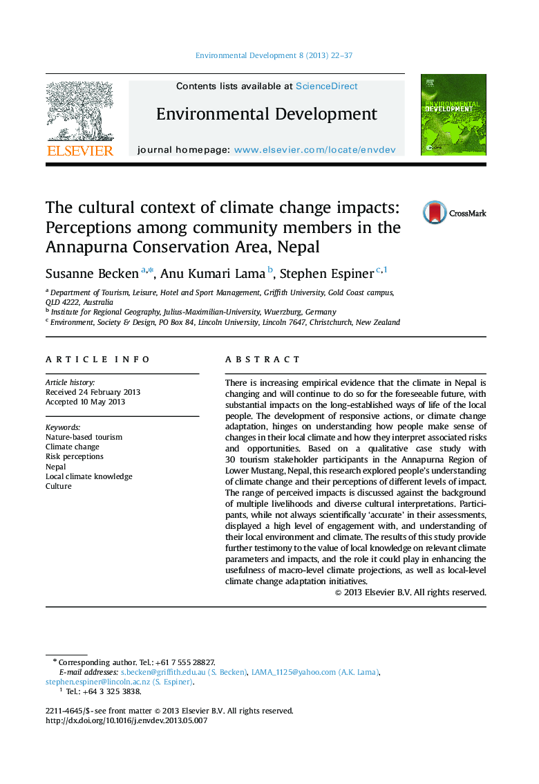 The cultural context of climate change impacts: Perceptions among community members in the Annapurna Conservation Area, Nepal