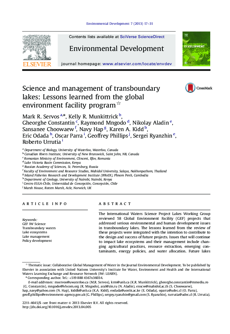 Science and management of transboundary lakes: Lessons learned from the global environment facility program