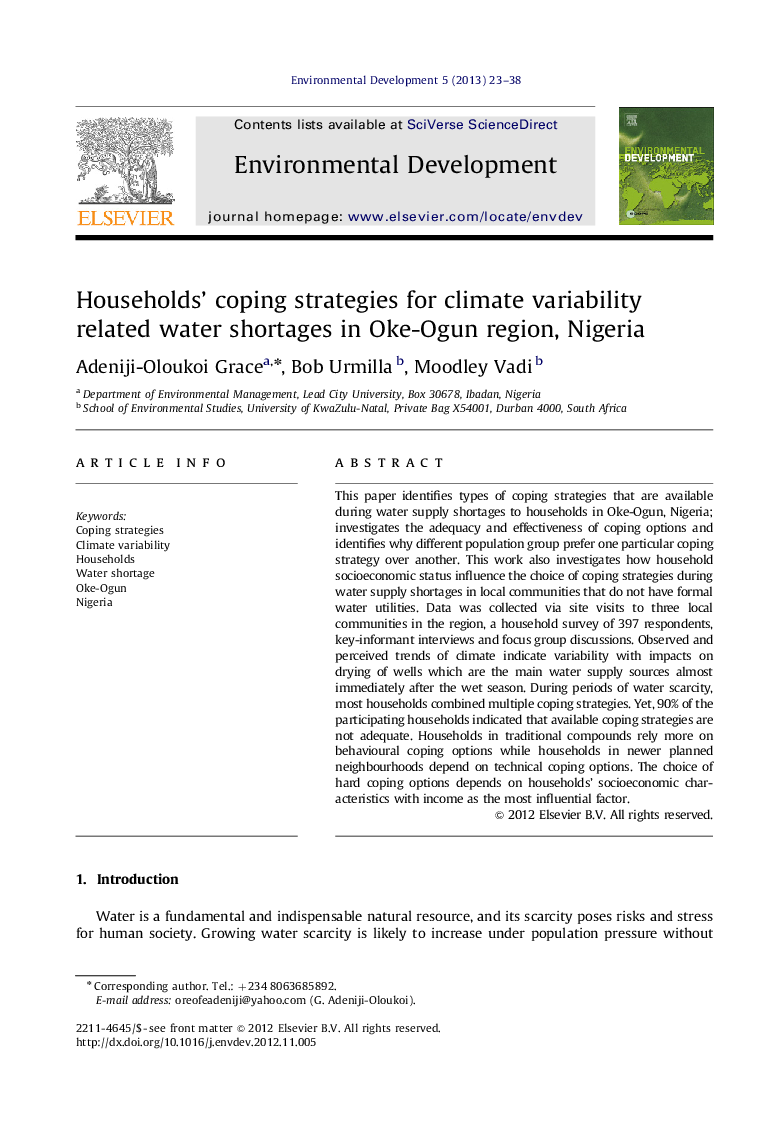 Households' coping strategies for climate variability related water shortages in Oke-Ogun region, Nigeria