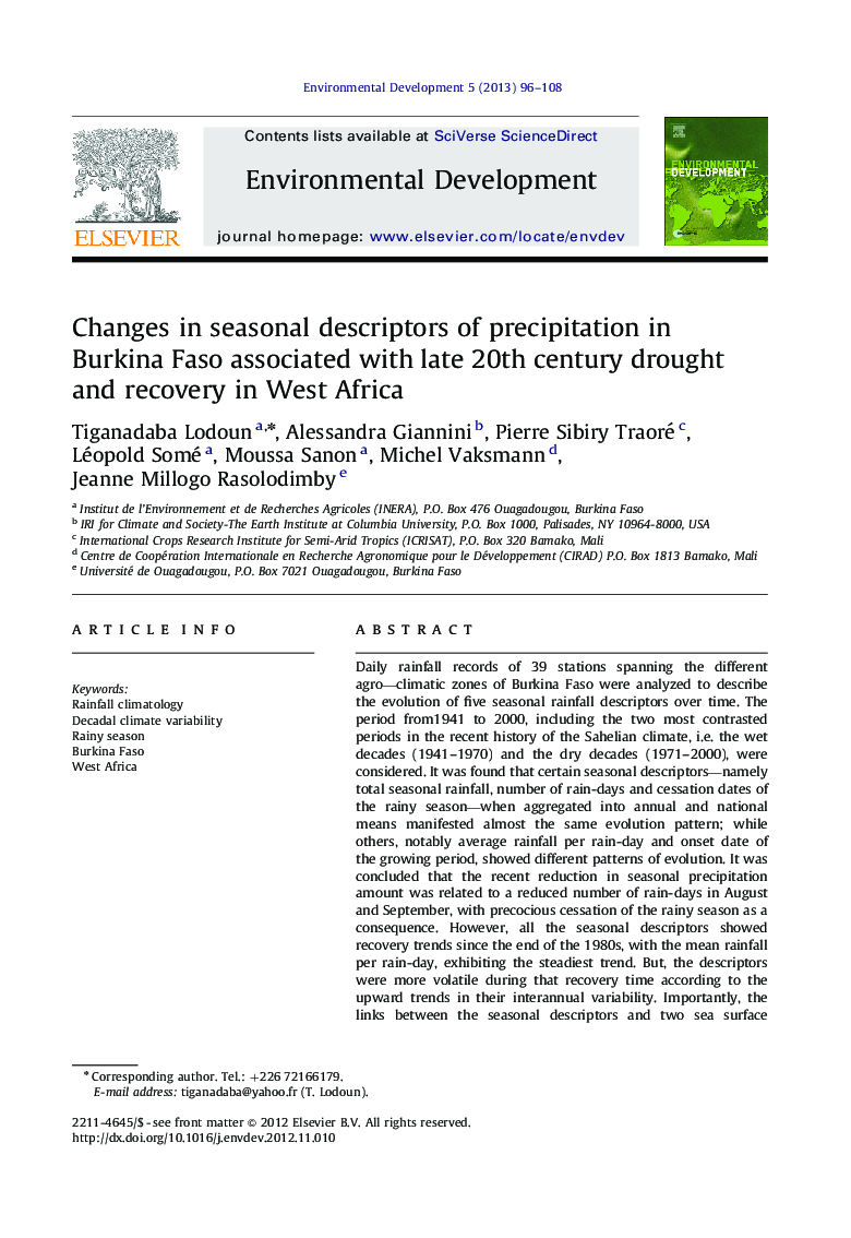 Changes in seasonal descriptors of precipitation in Burkina Faso associated with late 20th century drought and recovery in West Africa