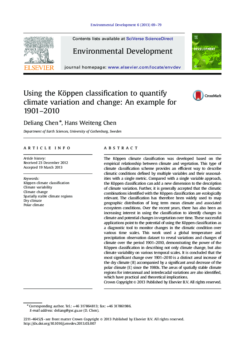 Using the Köppen classification to quantify climate variation and change: An example for 1901–2010
