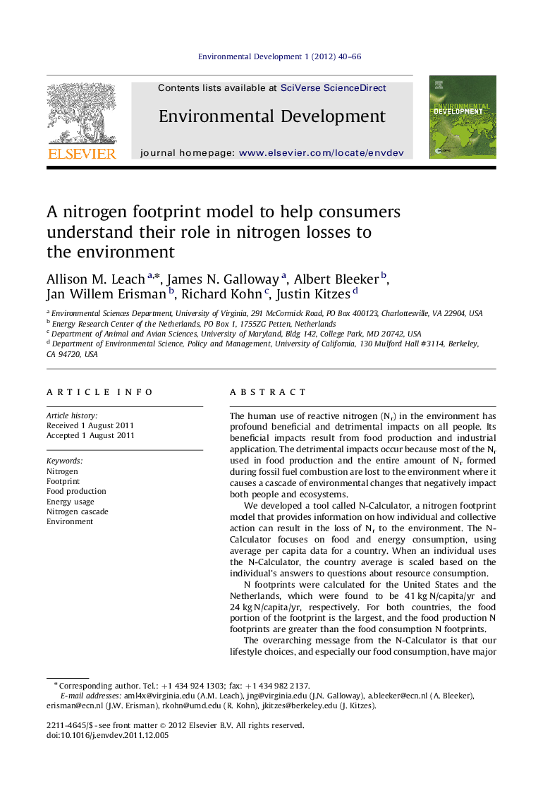 A nitrogen footprint model to help consumers understand their role in nitrogen losses to the environment