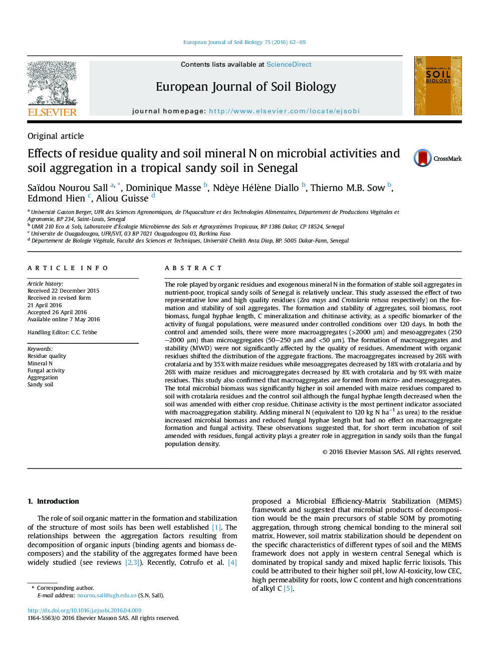Effects of residue quality and soil mineral N on microbial activities and soil aggregation in a tropical sandy soil in Senegal