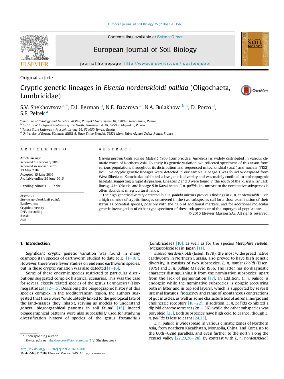 Cryptic genetic lineages in Eisenia nordenskioldi pallida (Oligochaeta, Lumbricidae)