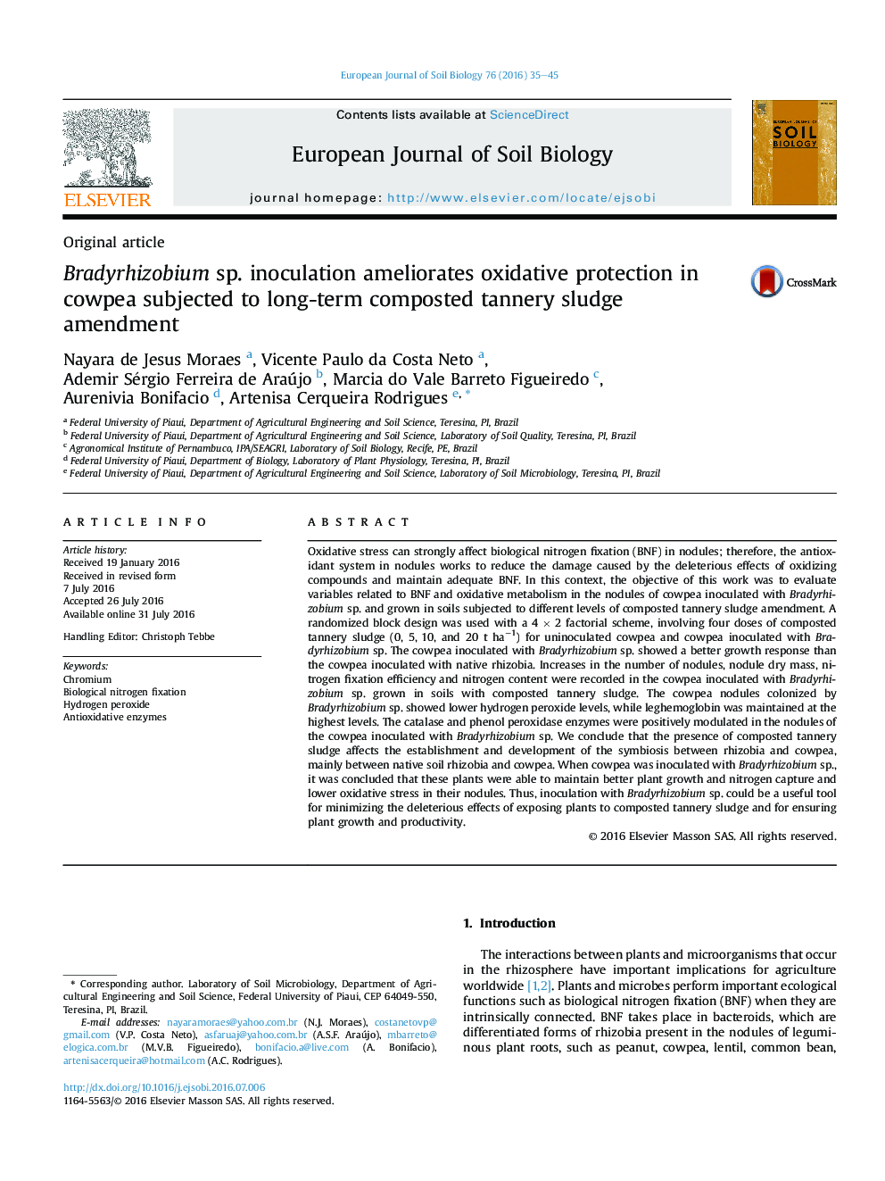 عکس صفحه اول مقاله: Bradyrhizobium sp. inoculation ameliorates oxidative protection in cowpea subjected to long-term composted tannery sludge amendment Bradyrhizobium sp. inoculation ameliorates oxidative protection in cowpea subjected to long-term composted tannery sludge amendment