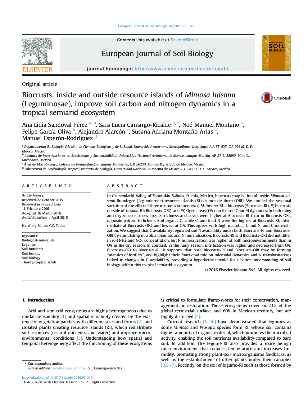 Biocrusts, inside and outside resource islands of Mimosa luisana (Leguminosae), improve soil carbon and nitrogen dynamics in a tropical semiarid ecosystem