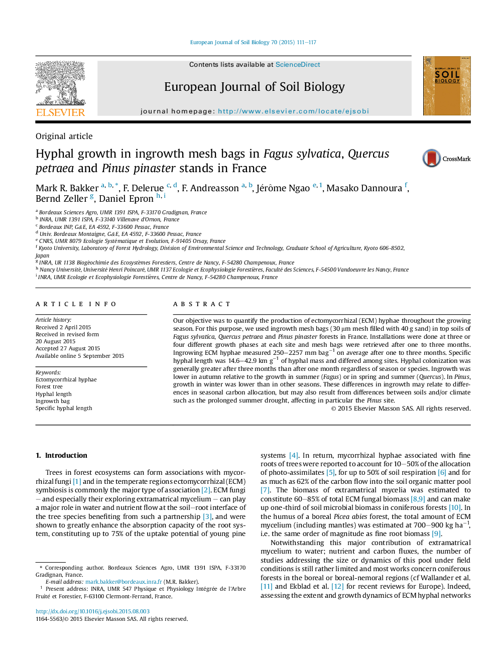 Hyphal growth in ingrowth mesh bags in Fagus sylvatica, Quercus petraea and Pinus pinaster stands in France