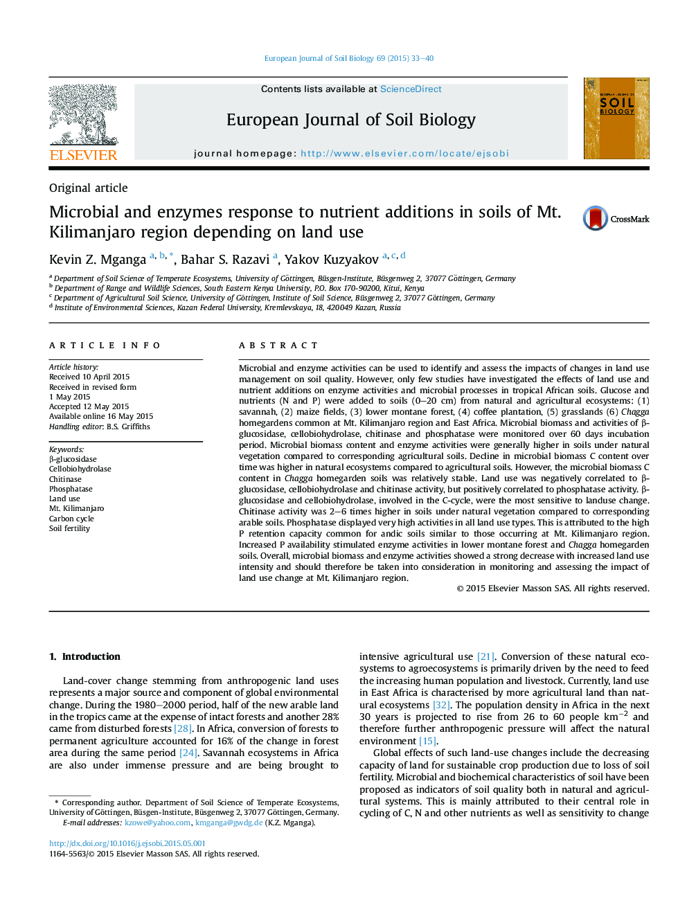 Microbial and enzymes response to nutrient additions in soils of Mt. Kilimanjaro region depending on land use