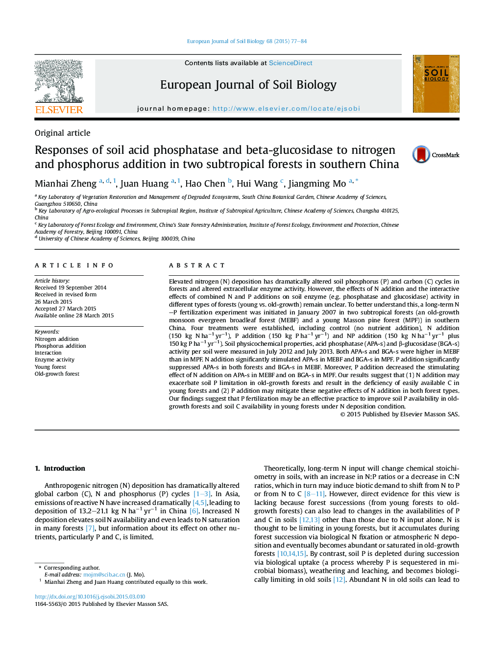 Responses of soil acid phosphatase and beta-glucosidase to nitrogen and phosphorus addition in two subtropical forests in southern China