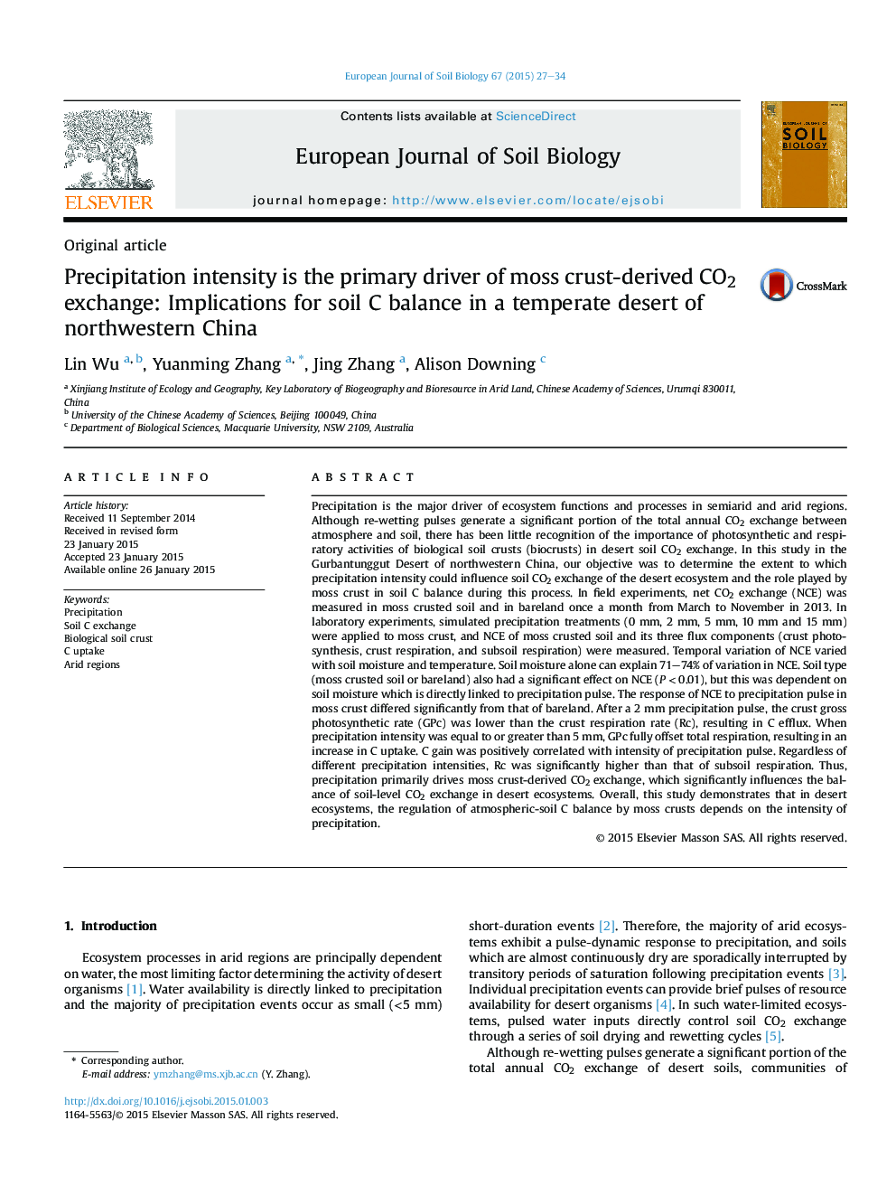 Precipitation intensity is the primary driver of moss crust-derived CO2 exchange: Implications for soil C balance in a temperate desert of northwestern China