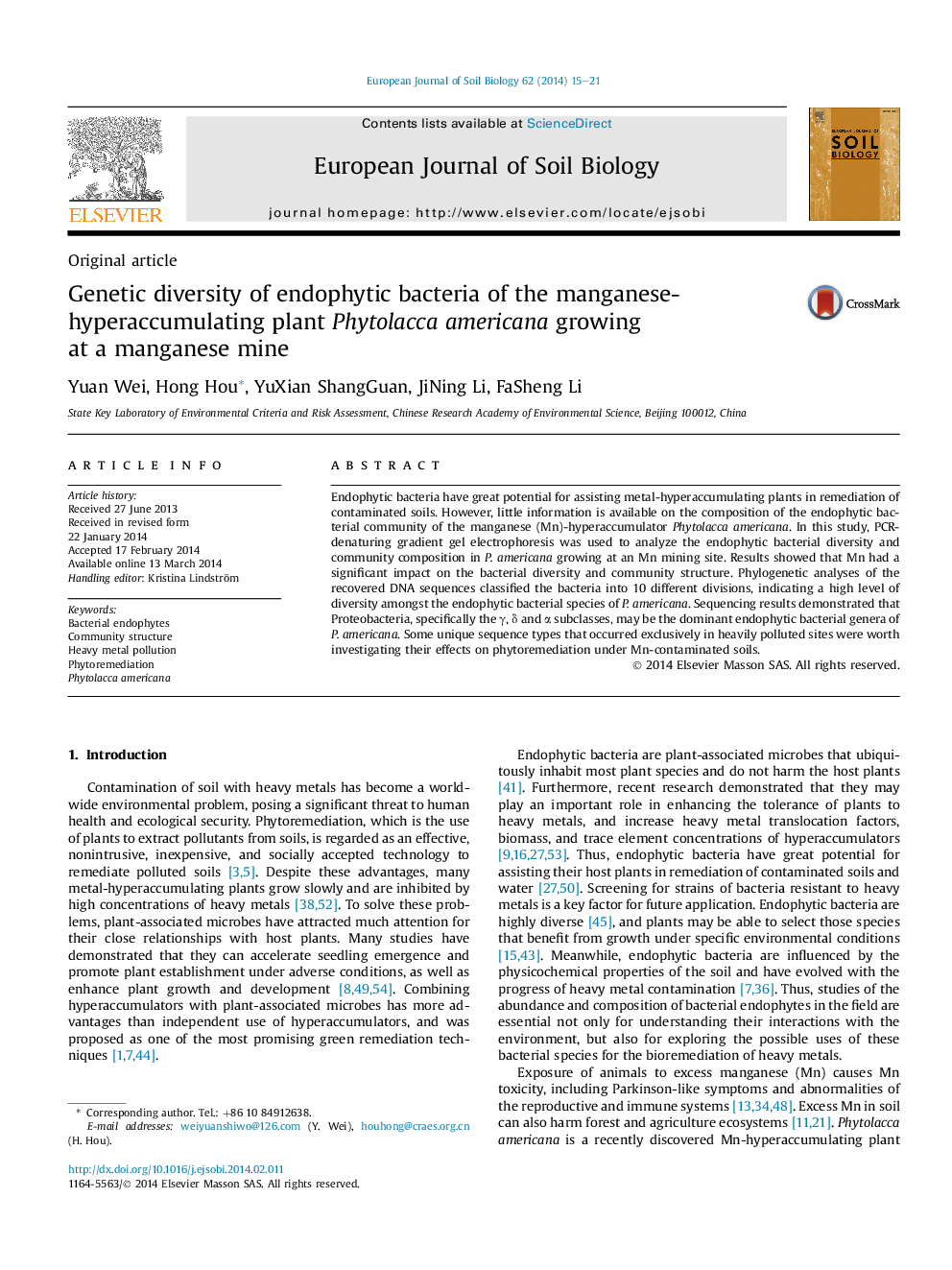 Genetic diversity of endophytic bacteria of the manganese-hyperaccumulating plant Phytolacca americana growing atÂ aÂ manganese mine