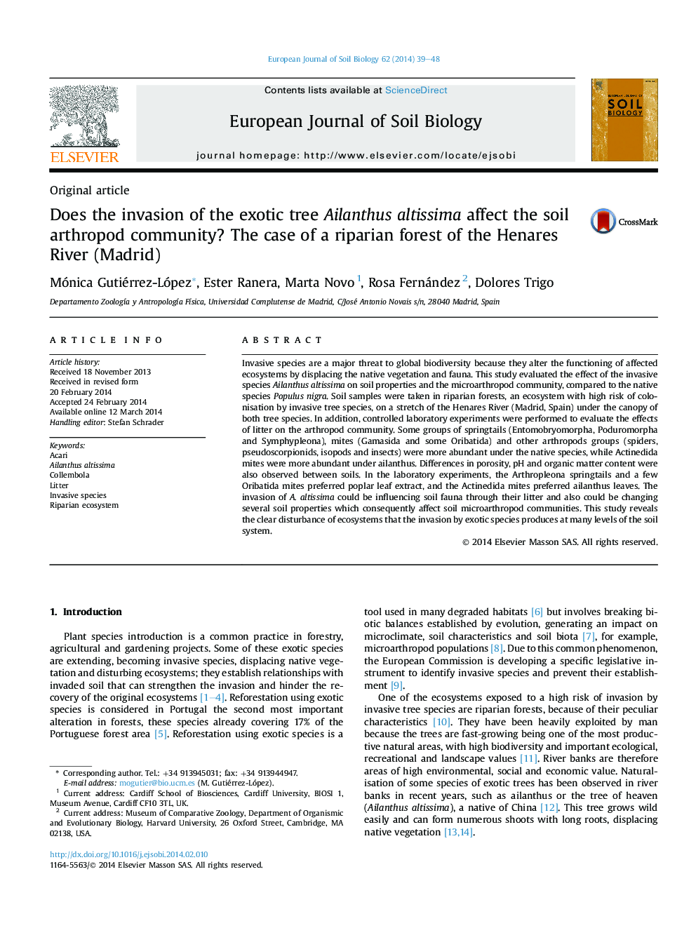 Does the invasion of the exotic tree Ailanthus altissima affect the soil arthropod community? The case of a riparian forest of the Henares River (Madrid)