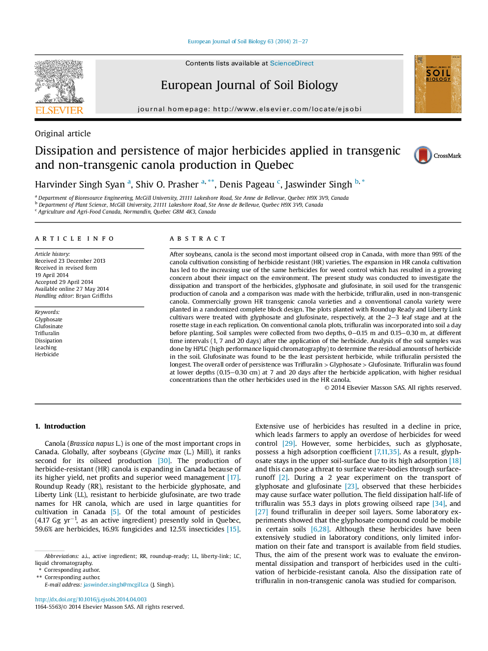 Dissipation and persistence of major herbicides applied in transgenic and non-transgenic canola production in Quebec