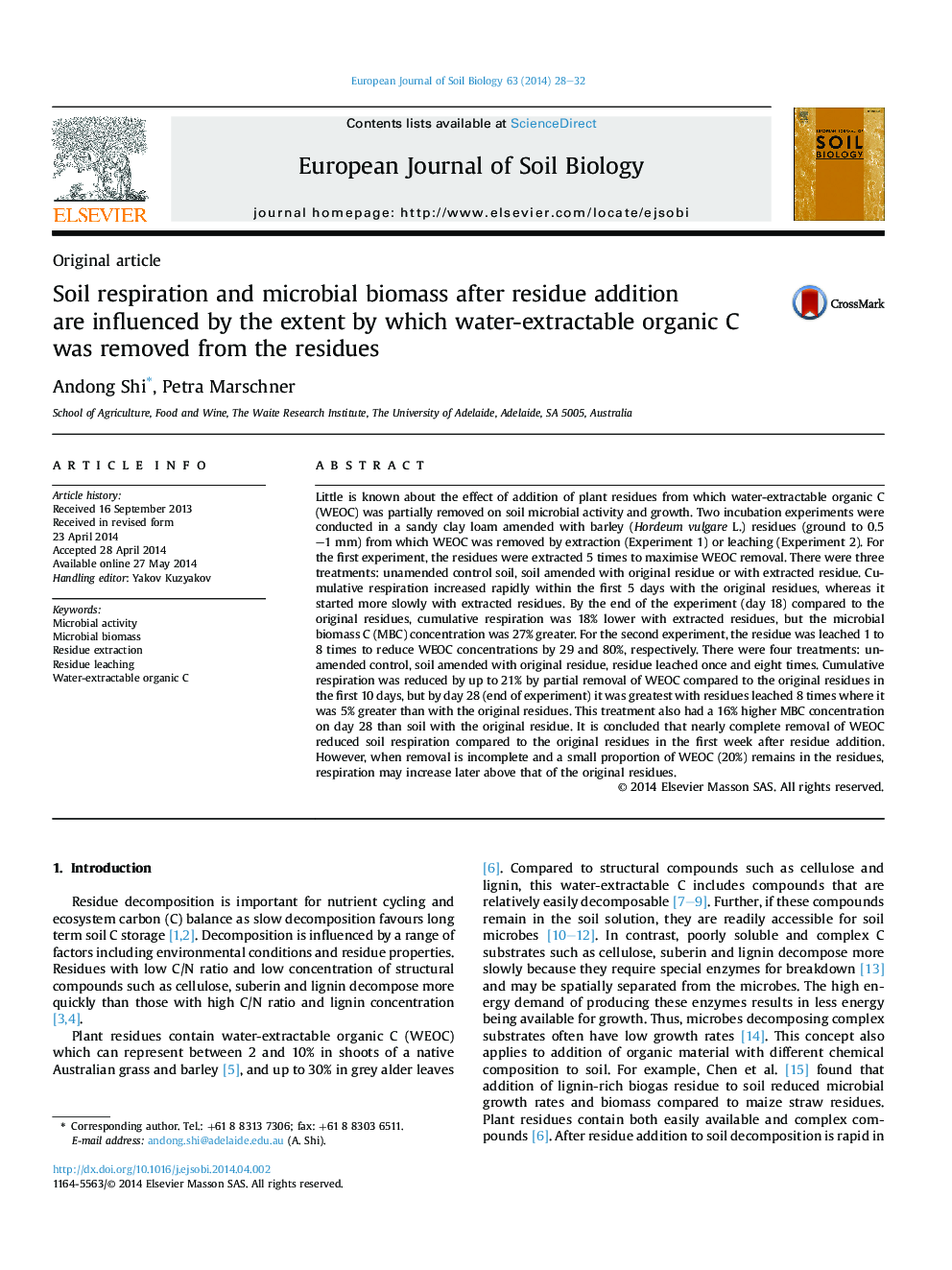 Soil respiration and microbial biomass after residue addition are influenced by the extent by which water-extractable organic C was removed from the residues