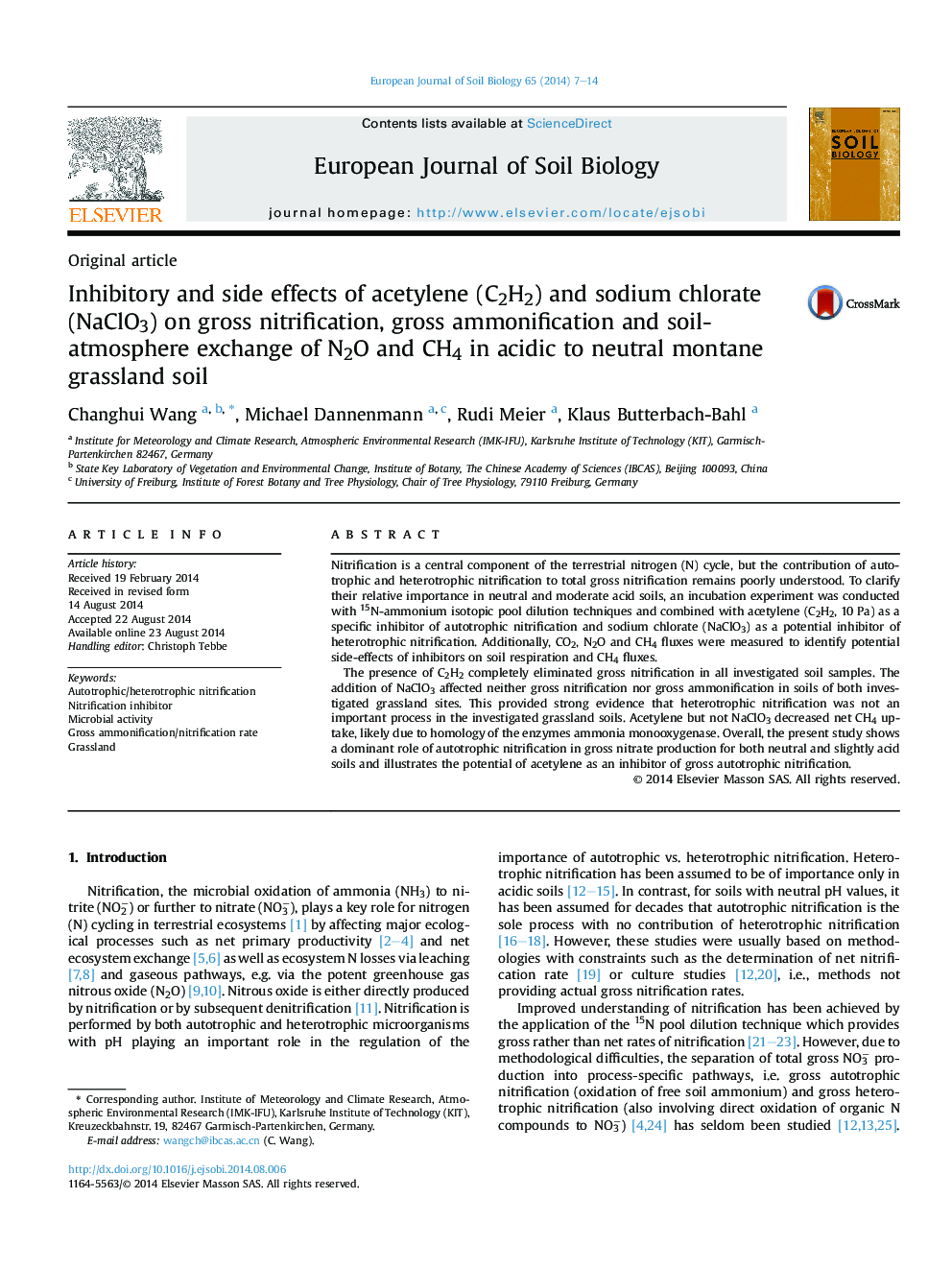 Inhibitory and side effects of acetylene (C2H2) and sodium chlorate (NaClO3) on gross nitrification, gross ammonification and soil-atmosphere exchange of N2O and CH4 in acidic to neutral montane grassland soil