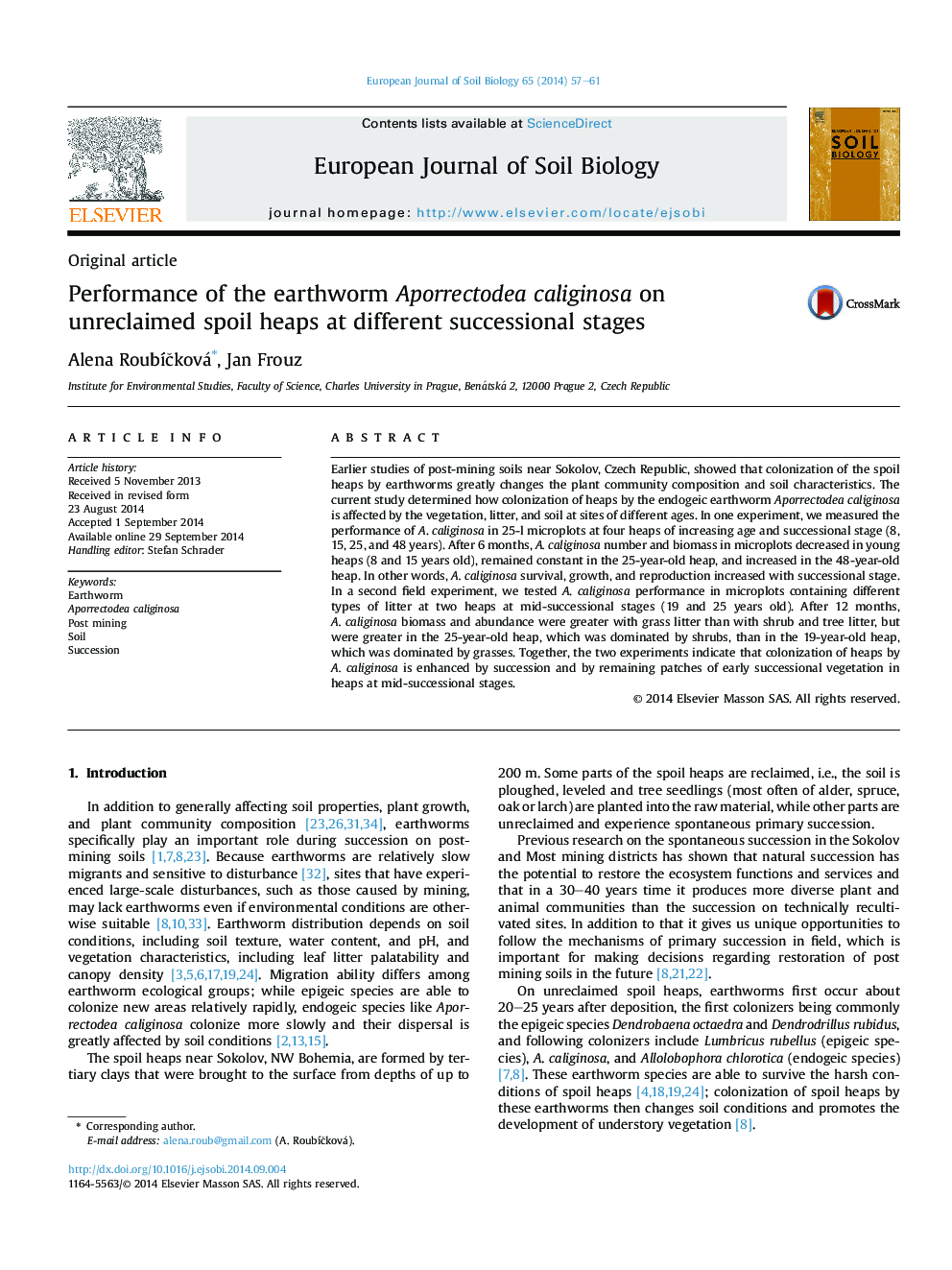 Performance of the earthworm Aporrectodea caliginosa on unreclaimed spoil heaps at different successional stages