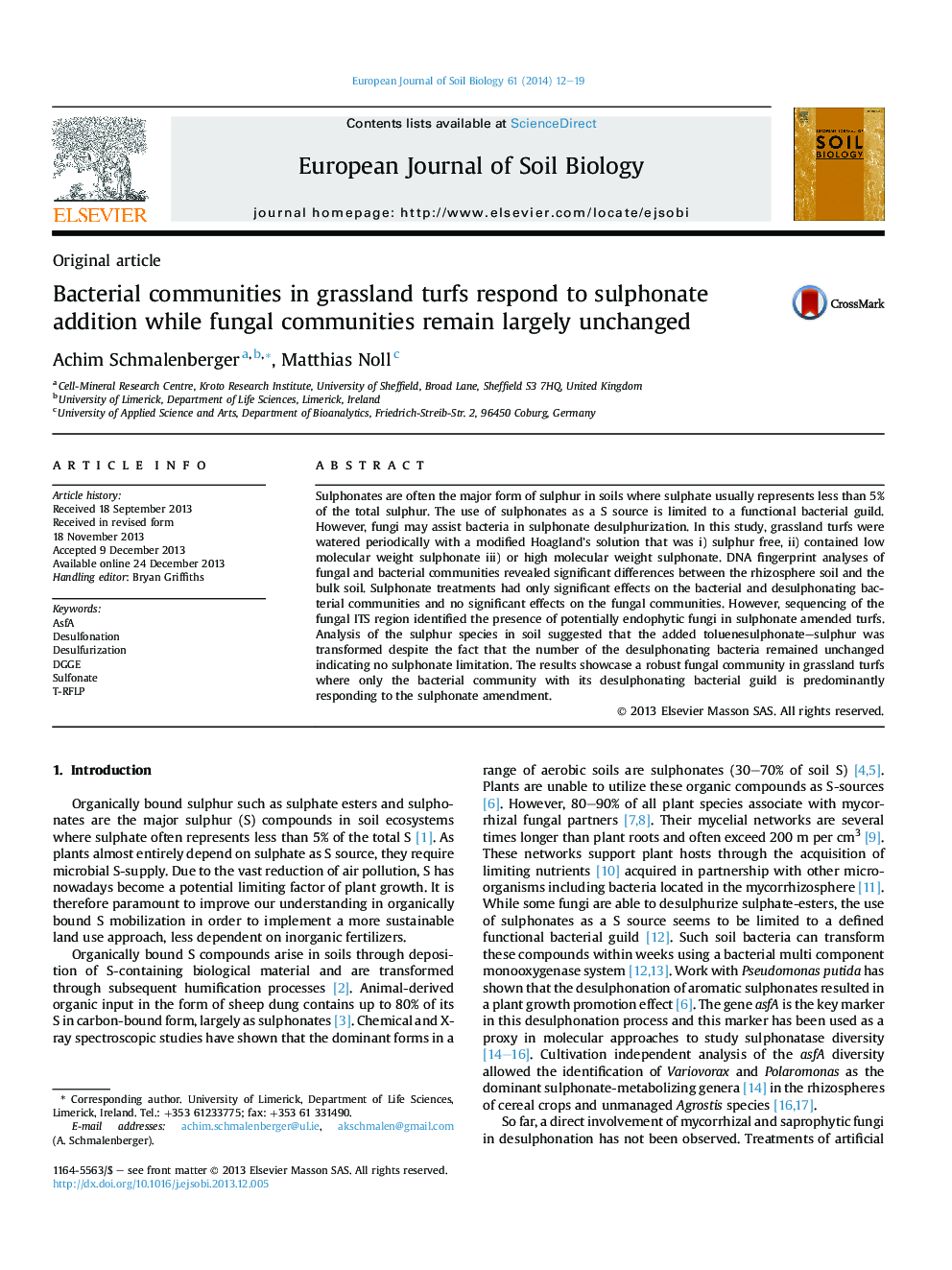 Bacterial communities in grassland turfs respond to sulphonate addition while fungal communities remain largely unchanged