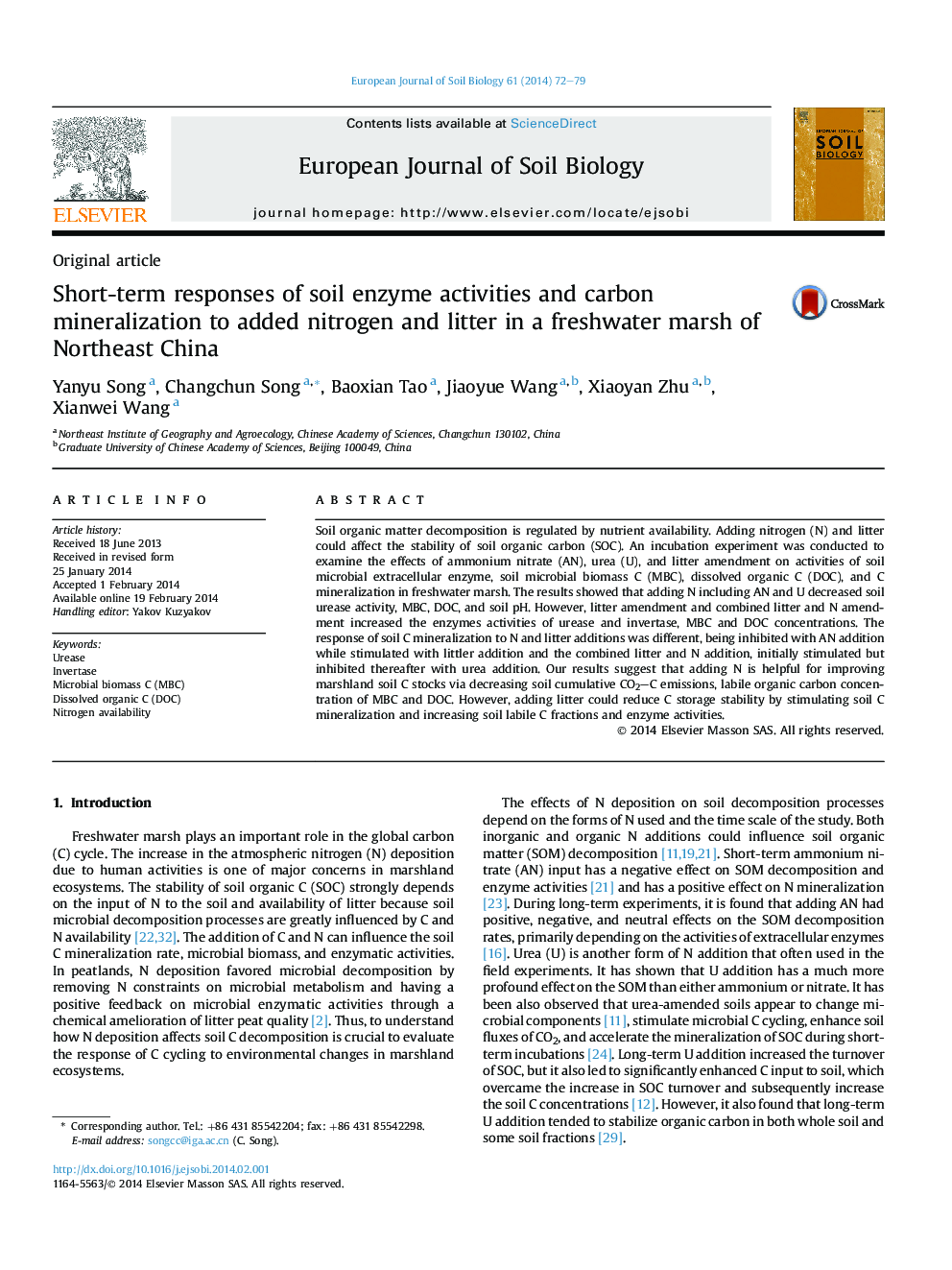 Short-term responses of soil enzyme activities and carbon mineralization to added nitrogen and litter in a freshwater marsh of Northeast China