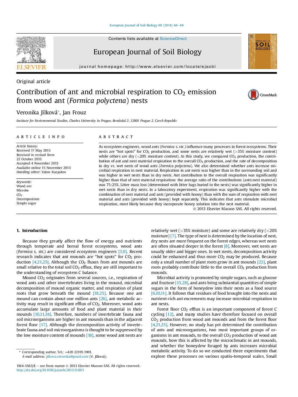 Contribution of ant and microbial respiration to CO2 emission from wood ant (Formica polyctena) nests