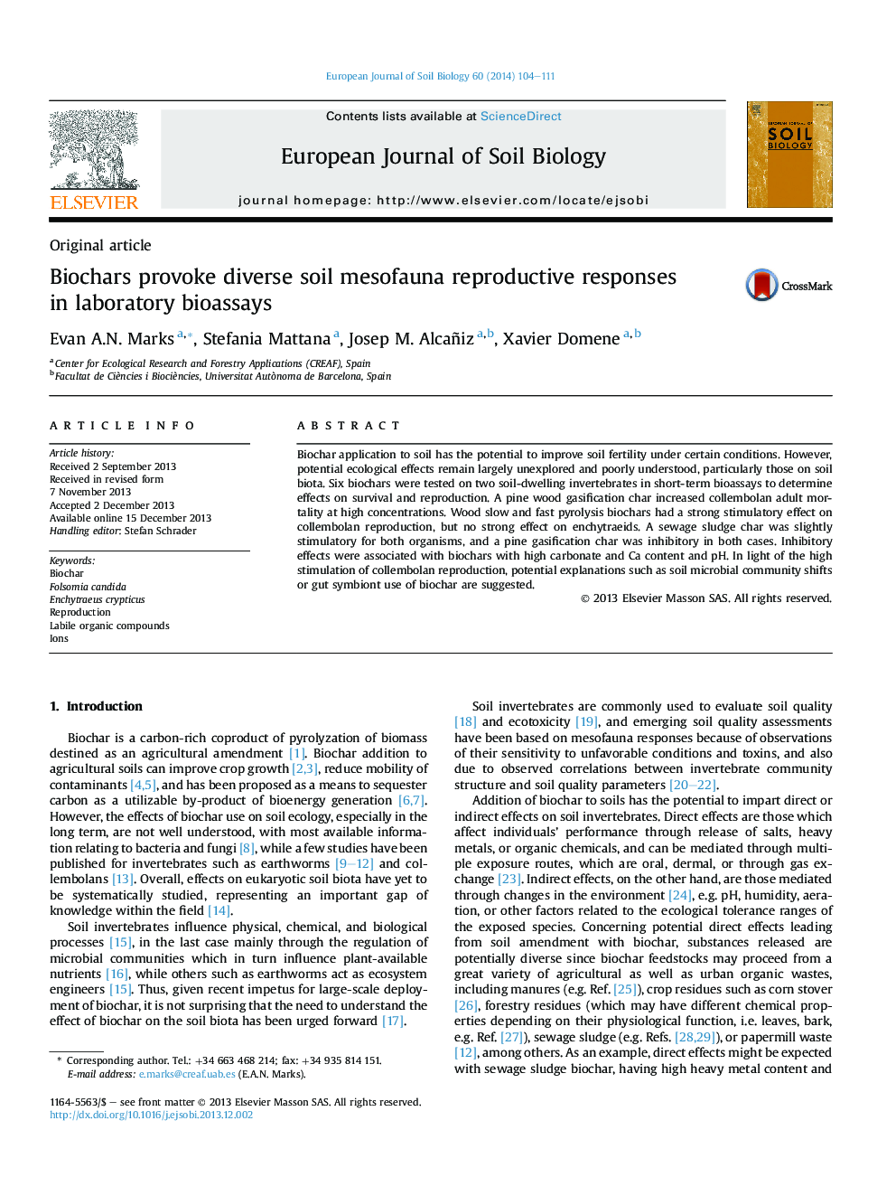 Biochars provoke diverse soil mesofauna reproductive responses in laboratory bioassays