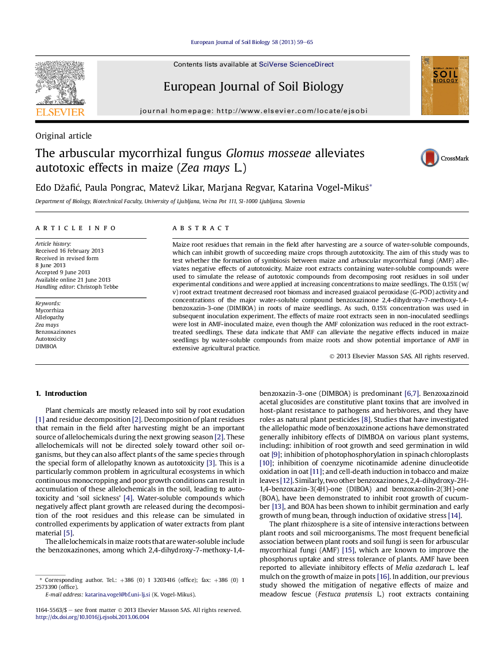 The arbuscular mycorrhizal fungus Glomus mosseae alleviates autotoxic effects in maize (Zea mays L.)