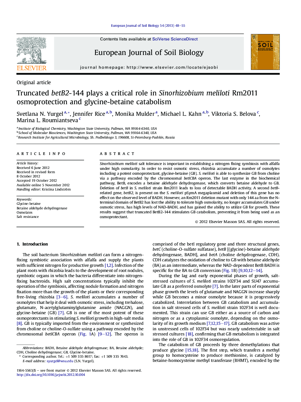 Truncated betB2-144 plays a critical role in Sinorhizobium meliloti Rm2011 osmoprotection and glycine-betaine catabolism