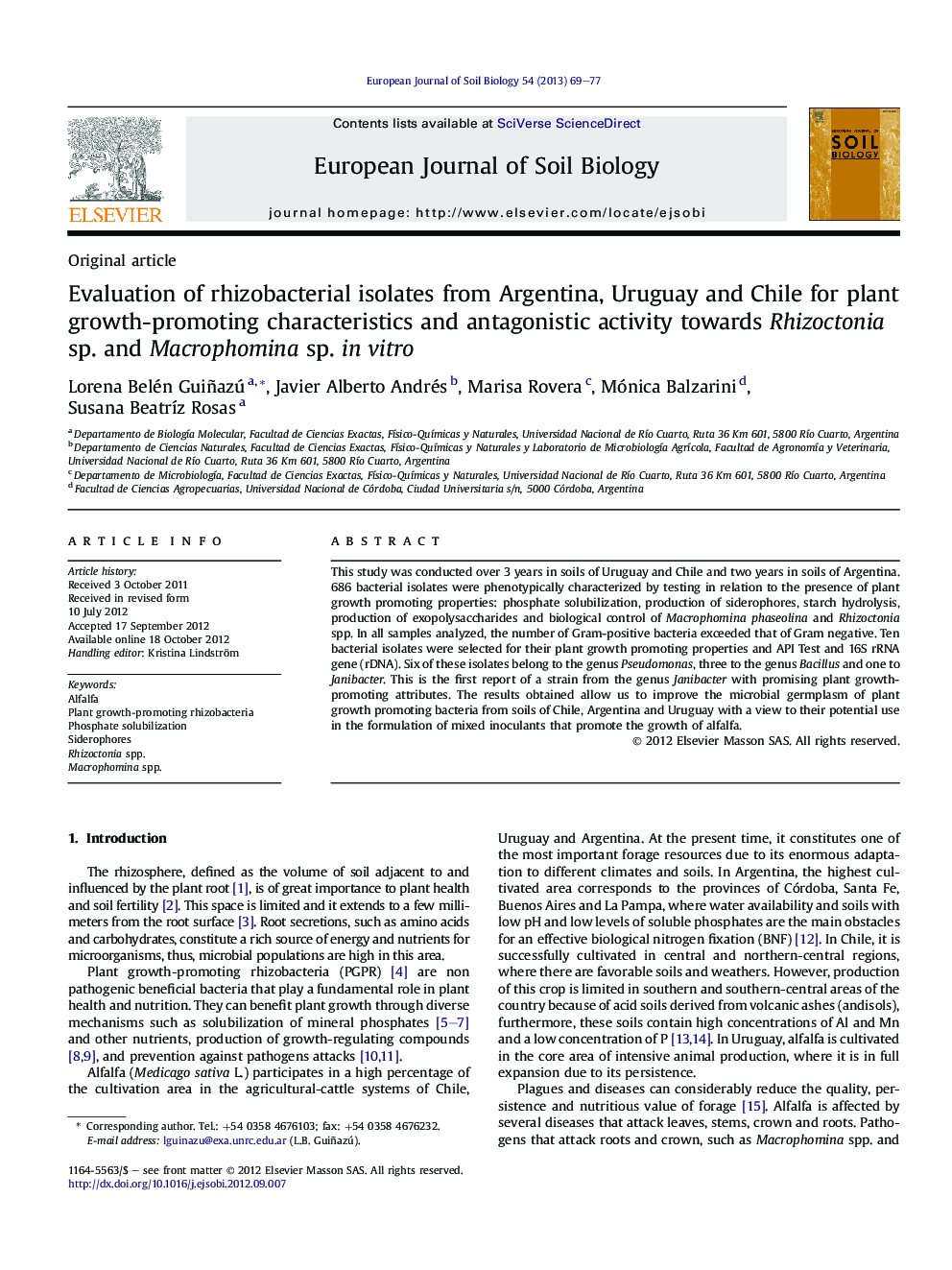 Evaluation of rhizobacterial isolates from Argentina, Uruguay and Chile for plant growth-promoting characteristics and antagonistic activity towards Rhizoctonia sp. and Macrophomina sp. inÂ vitro