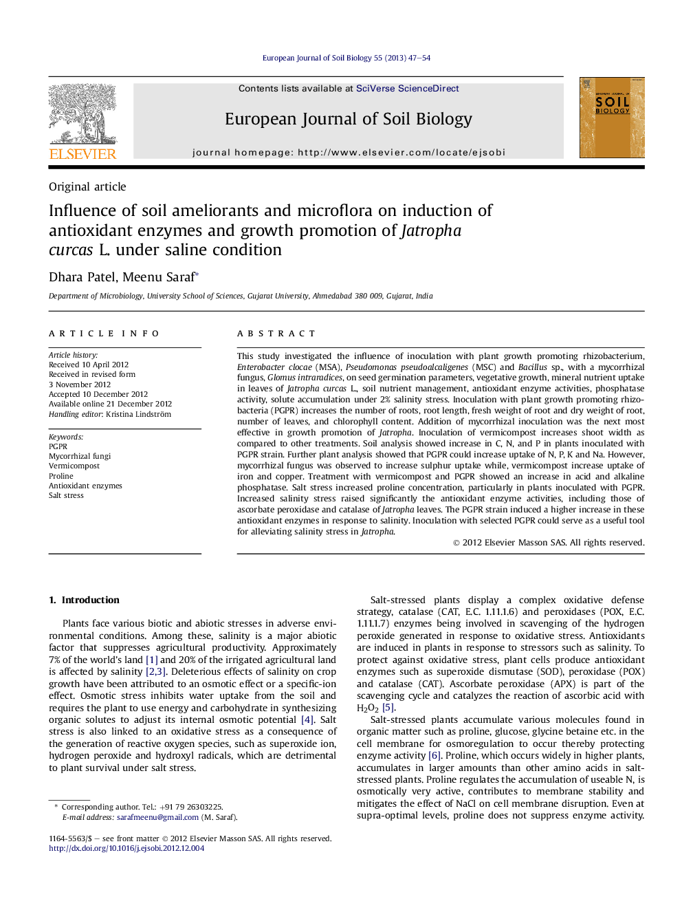 Influence of soil ameliorants and microflora on induction of antioxidant enzymes and growth promotion of Jatropha curcas L. under saline condition