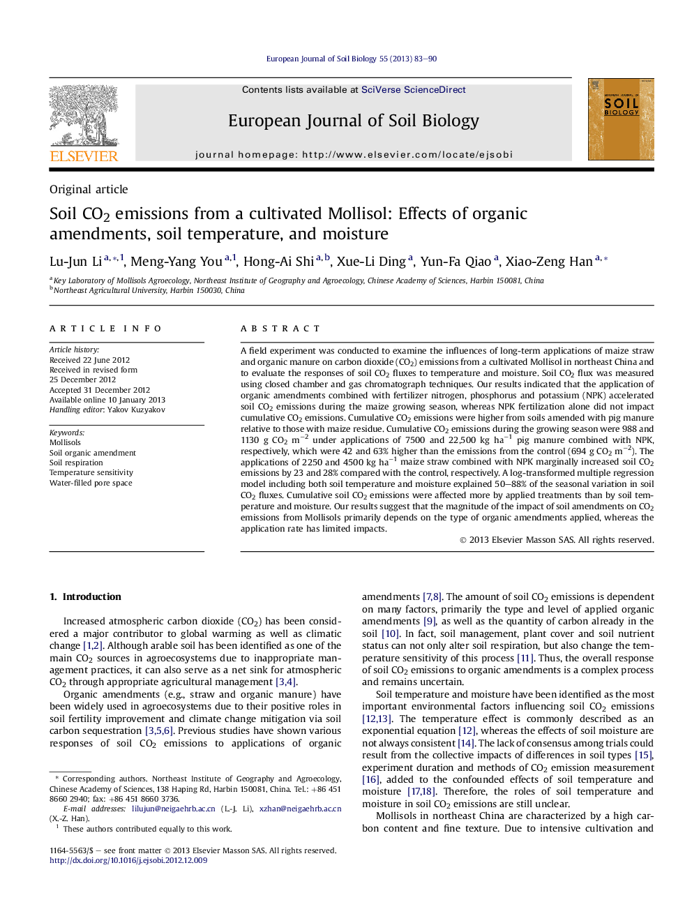 Soil CO2 emissions from a cultivated Mollisol: Effects of organic amendments, soil temperature, and moisture