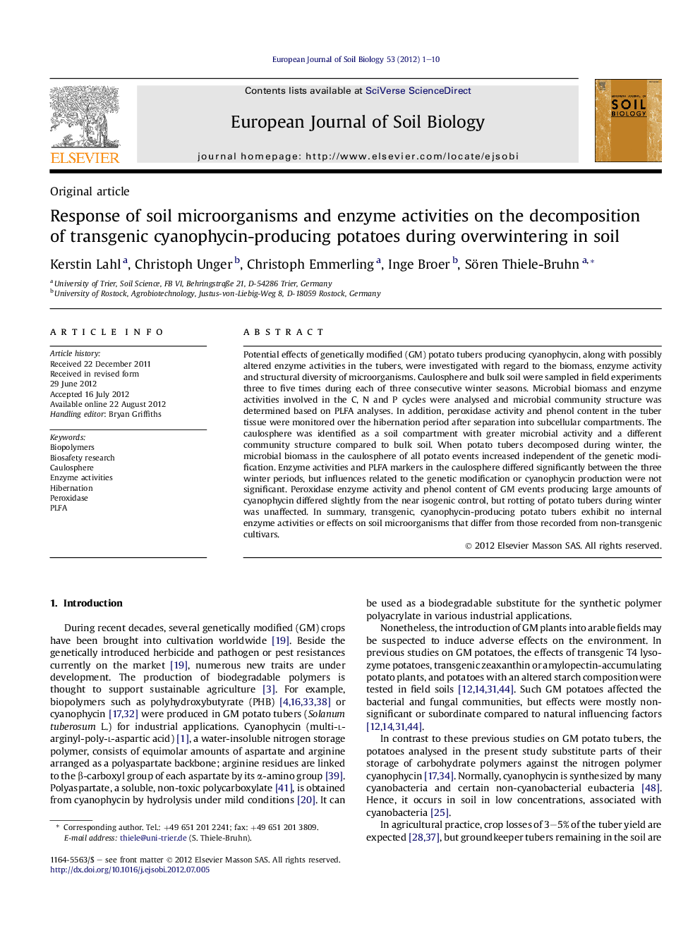 Response of soil microorganisms and enzyme activities on the decomposition of transgenic cyanophycin-producing potatoes during overwintering in soil