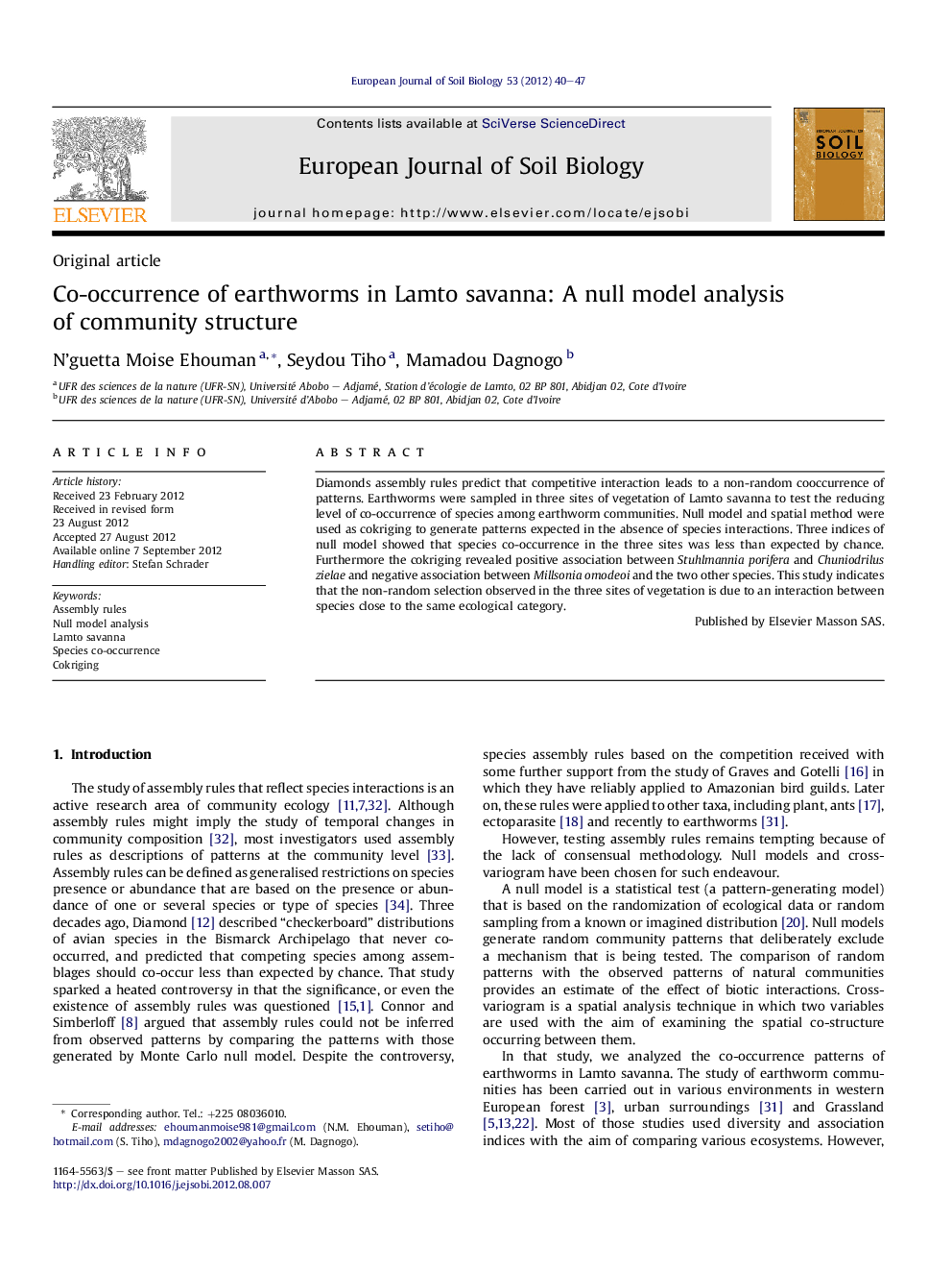 Co-occurrence of earthworms in Lamto savanna: A null model analysis of community structure