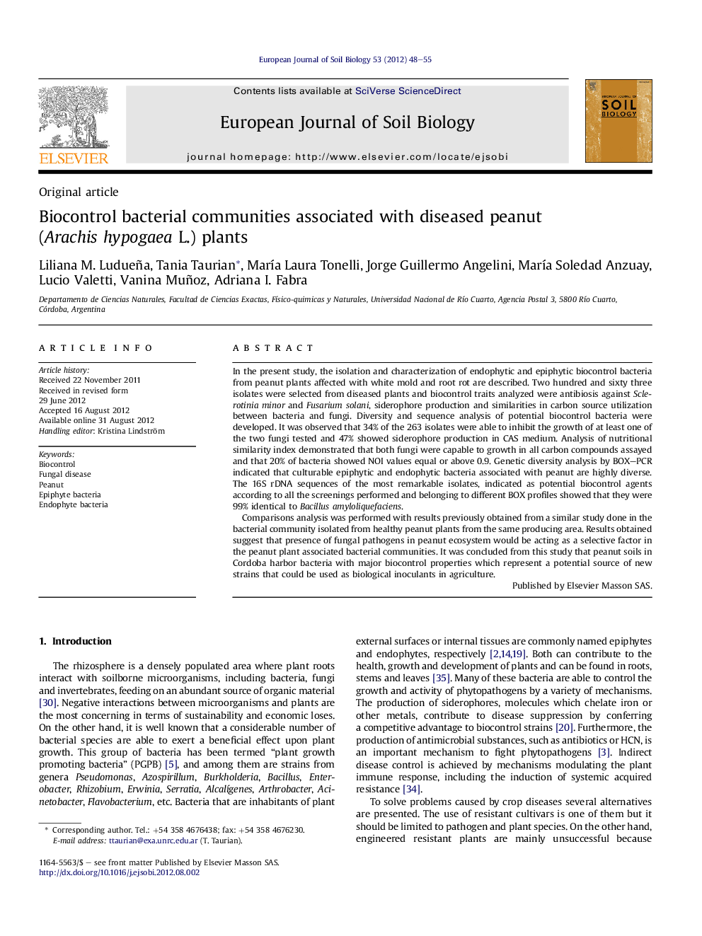 عکس صفحه اول مقاله: Biocontrol bacterial communities associated with diseased peanut (Arachis hypogaea L.) plants Biocontrol bacterial communities associated with diseased peanut (Arachis hypogaea L.) plants