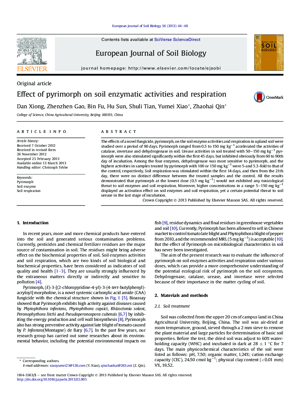 Effect of pyrimorph on soil enzymatic activities and respiration