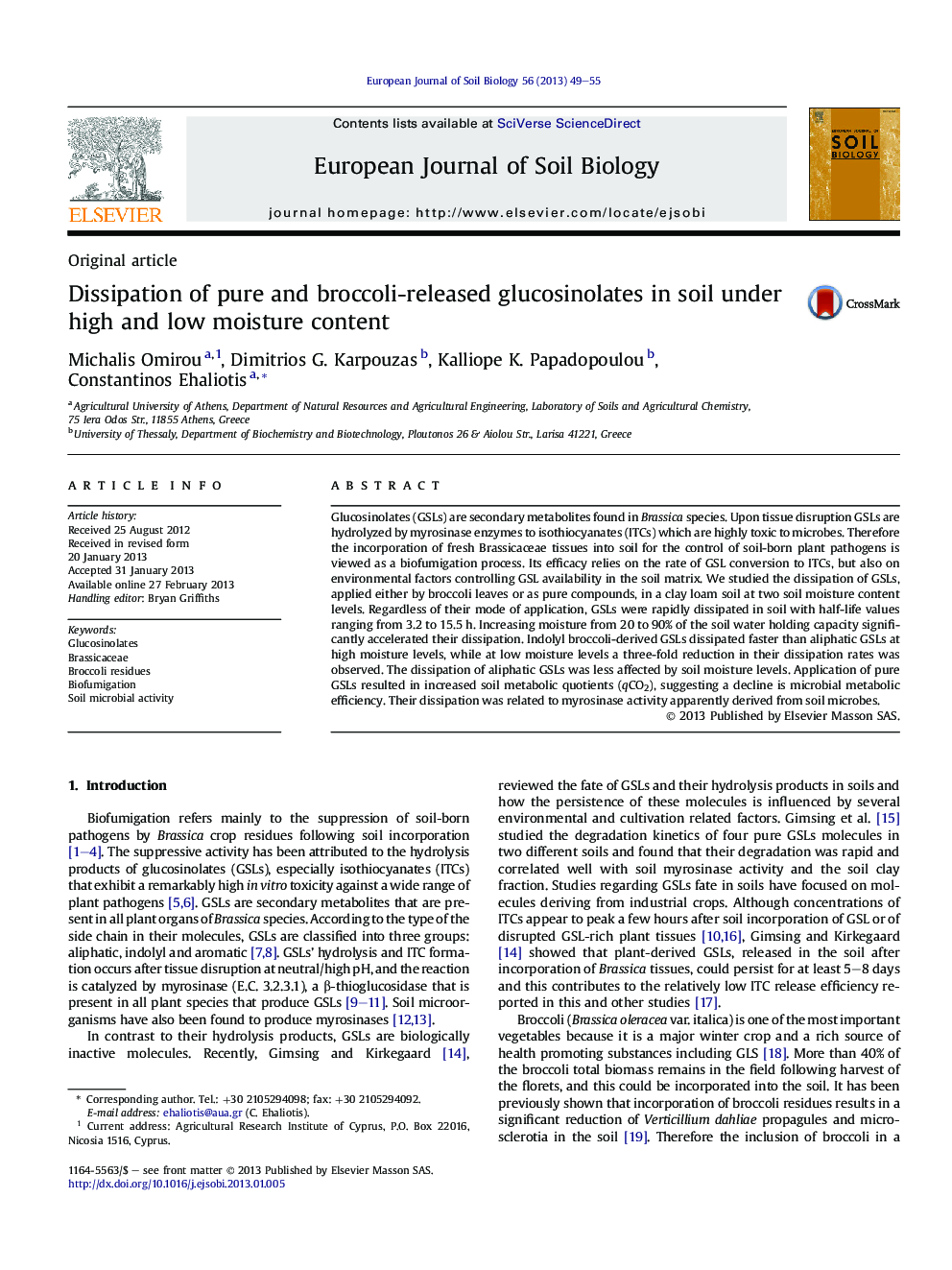 Dissipation of pure and broccoli-released glucosinolates in soil under high and low moisture content