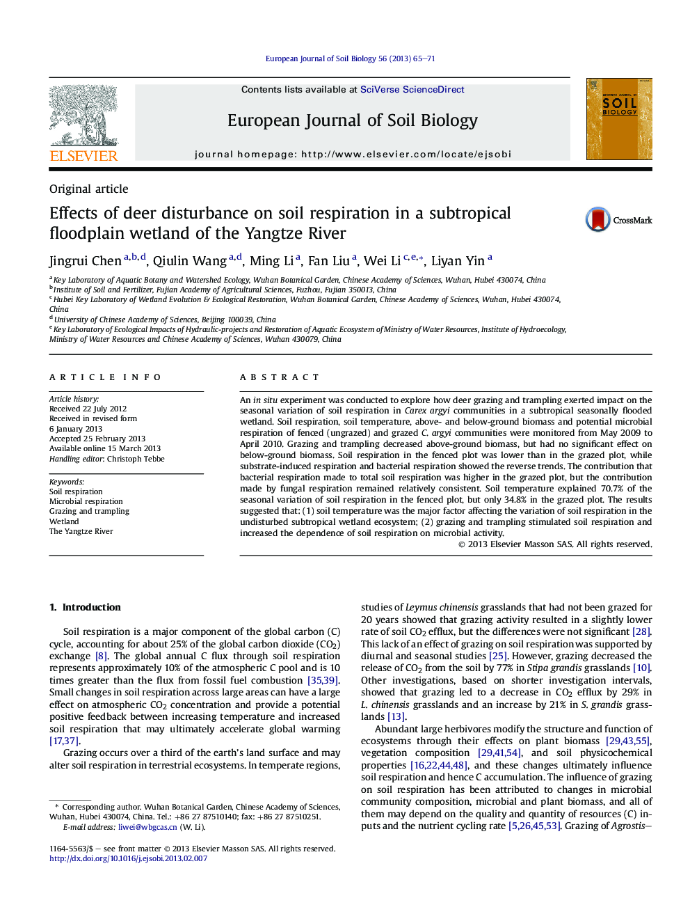 Effects of deer disturbance on soil respiration in a subtropical floodplain wetland of the Yangtze River