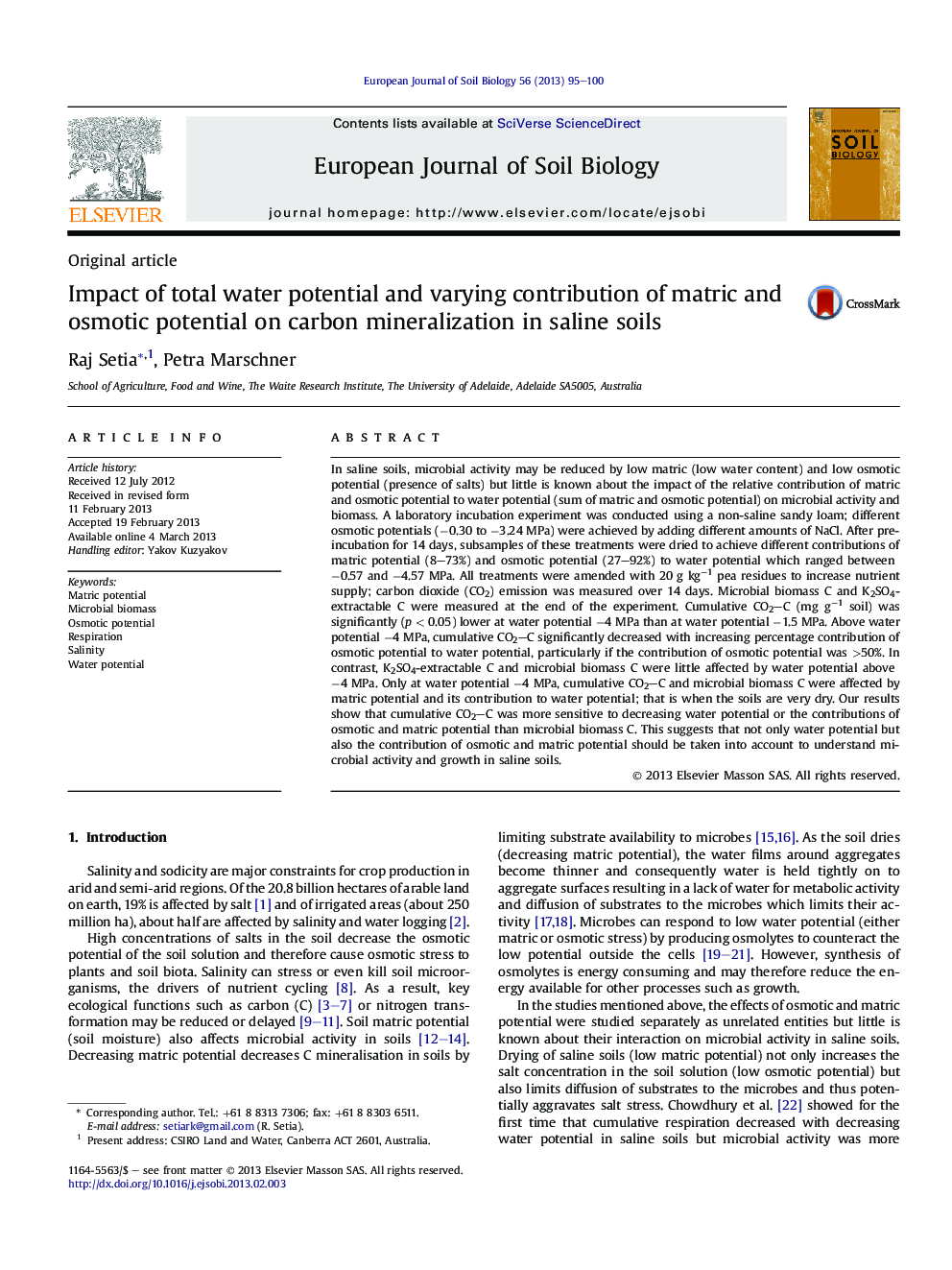 Impact of total water potential and varying contribution of matric and osmotic potential on carbon mineralization in saline soils